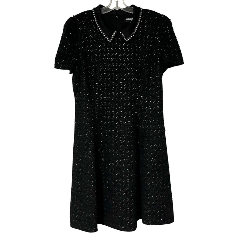 Karl Lagerfeld Paris short-sleeve bouclé-tweed Peter Pan collar A-line dress - Picture 7 of 9